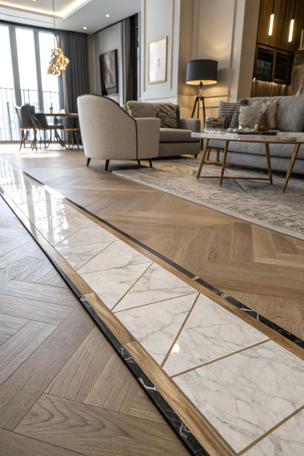 A marble band elegantly flows between tiling and timber floors.