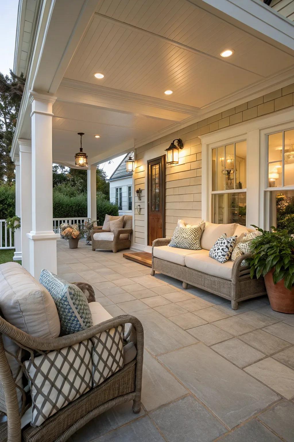 Light tiles and open design make this porch perfect for relaxation and gatherings.