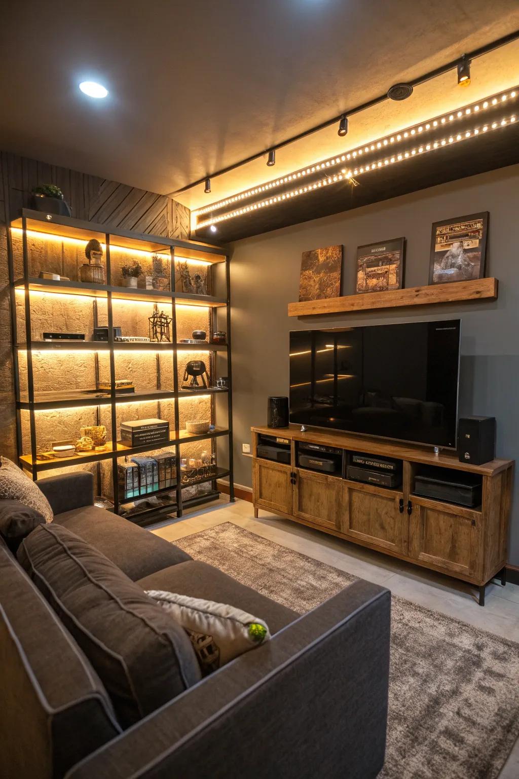 In a small man cave, LED lighting adds warmth and ambiance.