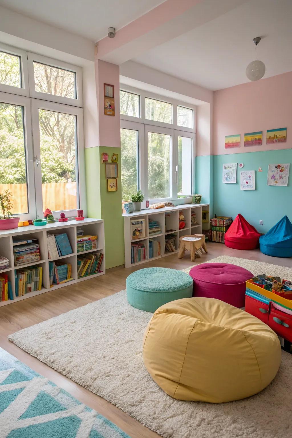 Soft cushions and rugs create a safe and comfortable play area.