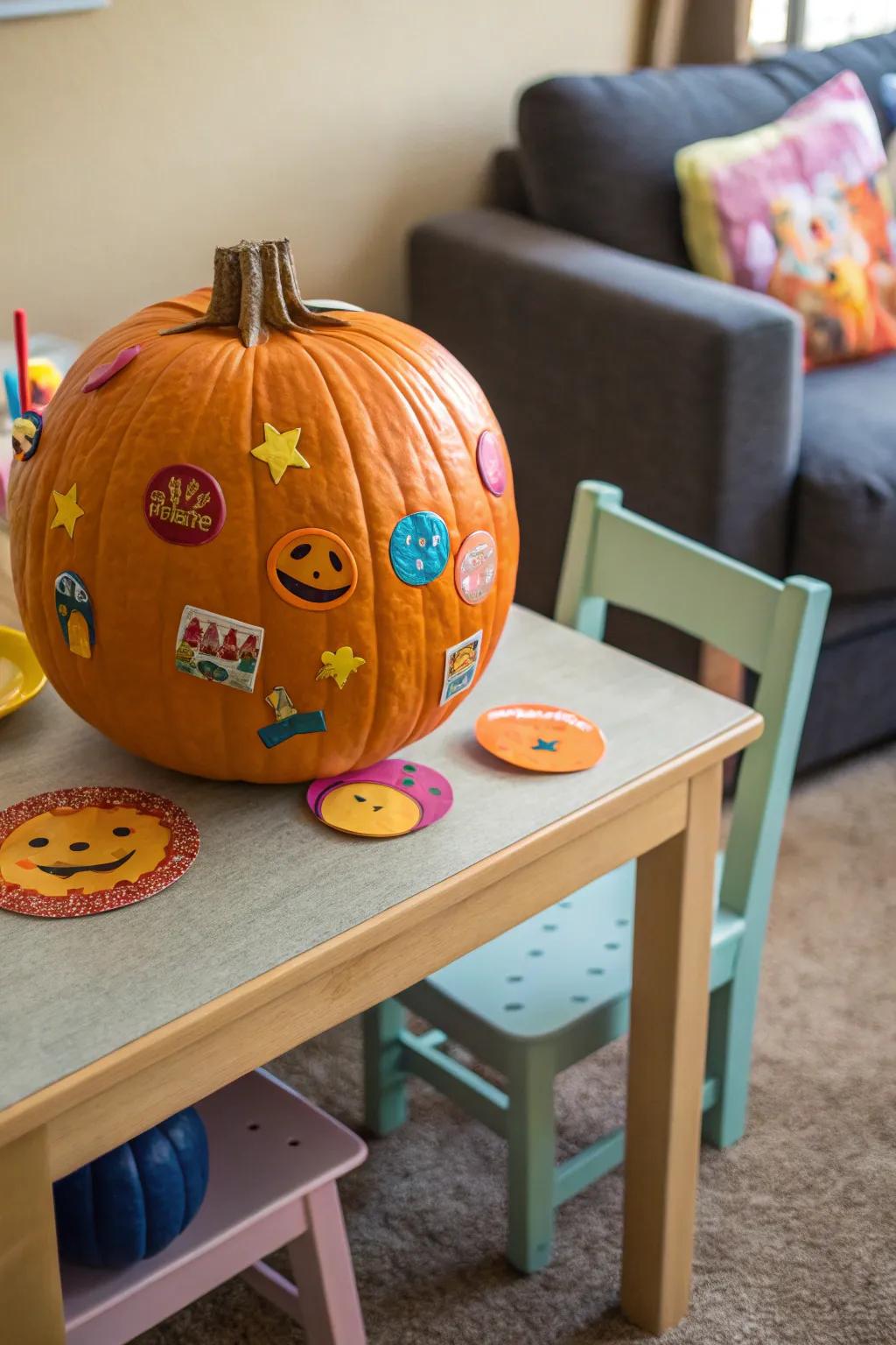 Stickers make pumpkin decorating simple and enjoyable for toddlers.