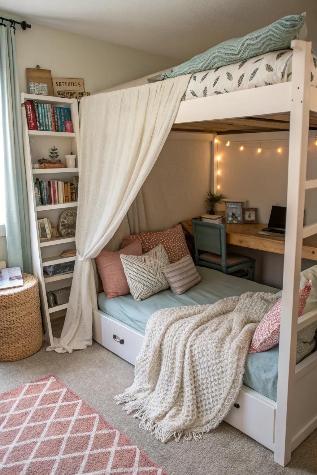 A cozy reading nook on the bunk is a dream for bookworms.