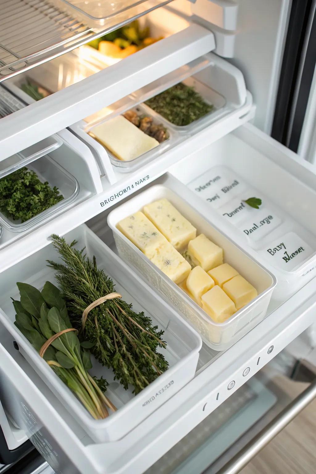 Top freezer door showing small items such as butter and seasoning blends neatly organized for smooth access.