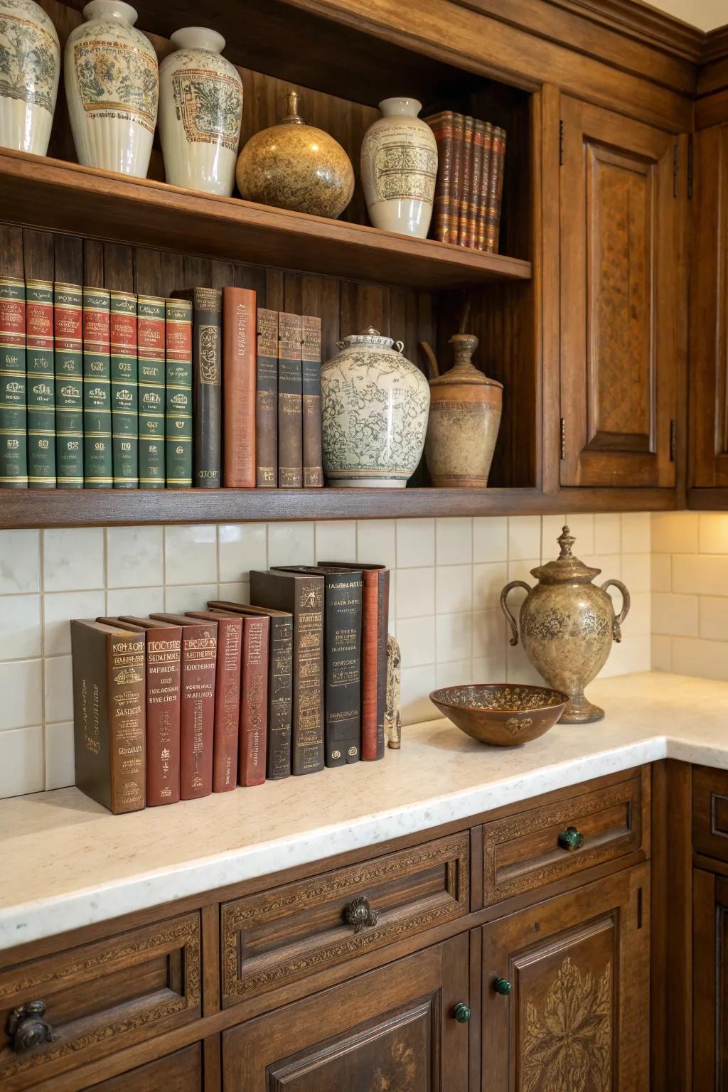 Generate a nostalgic atmosphere using vintage treasures above your cabinets.