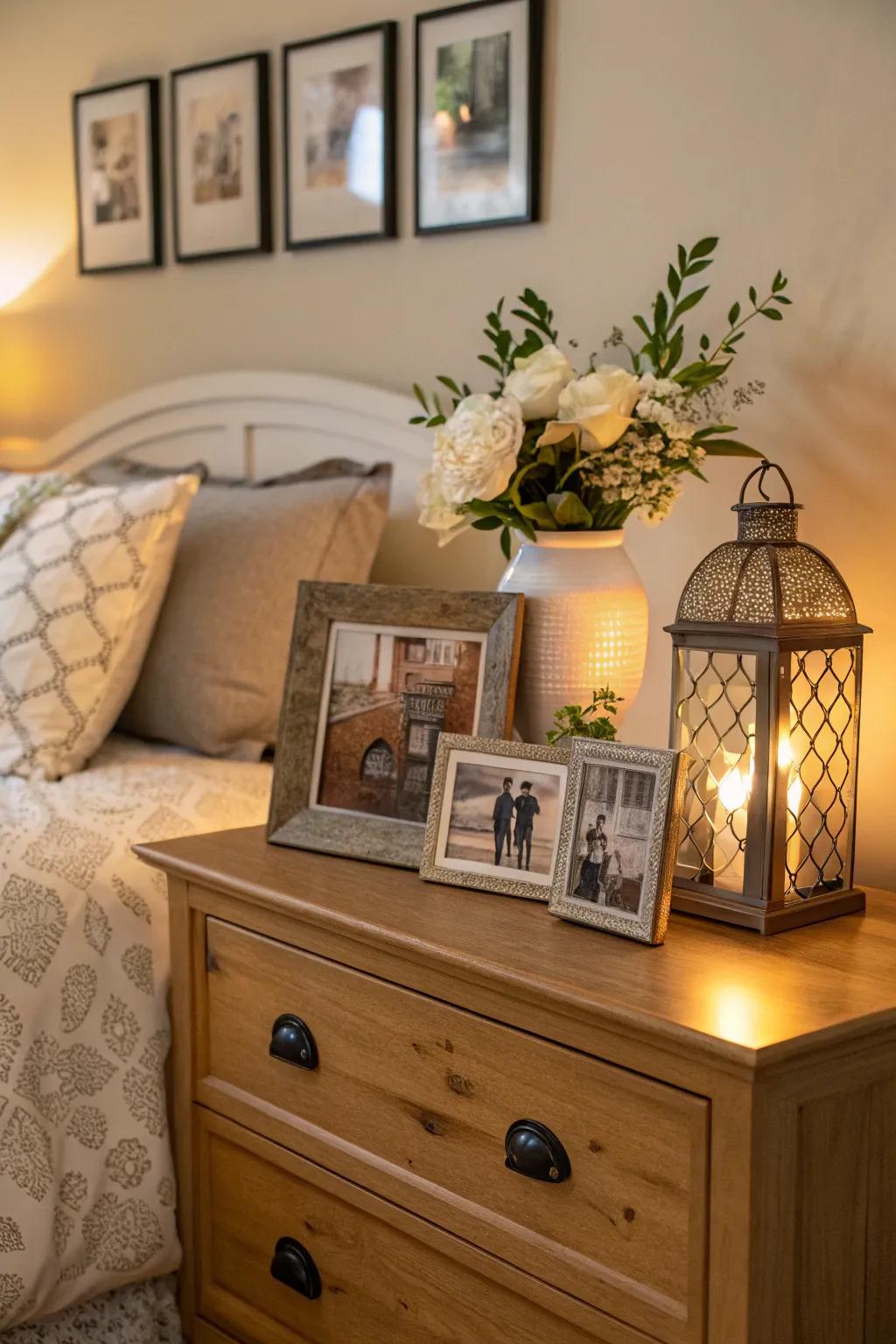 Photos in frames enhance the personal atmosphere of dresser décor.