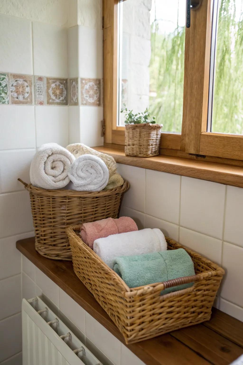 Baskets add a rustic touch while keeping towels organized and accessible.