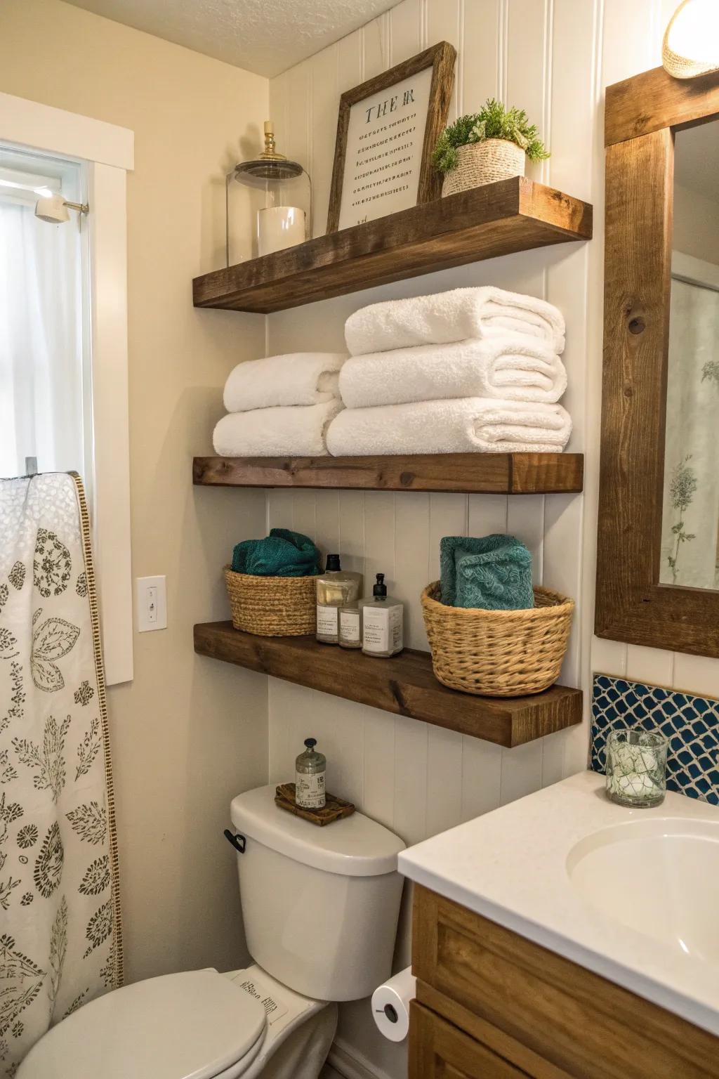 Free-floating shelves add both storage and flair to smaller bathrooms.