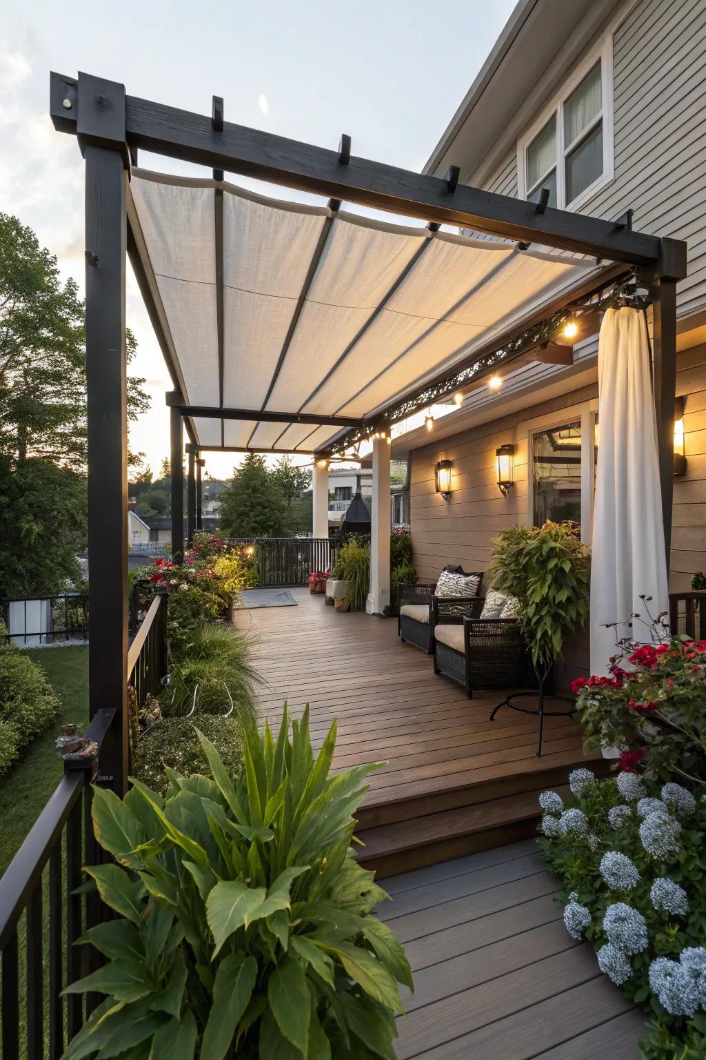 A pergola with adjustable features offers flexibility whether you want sun or shade.