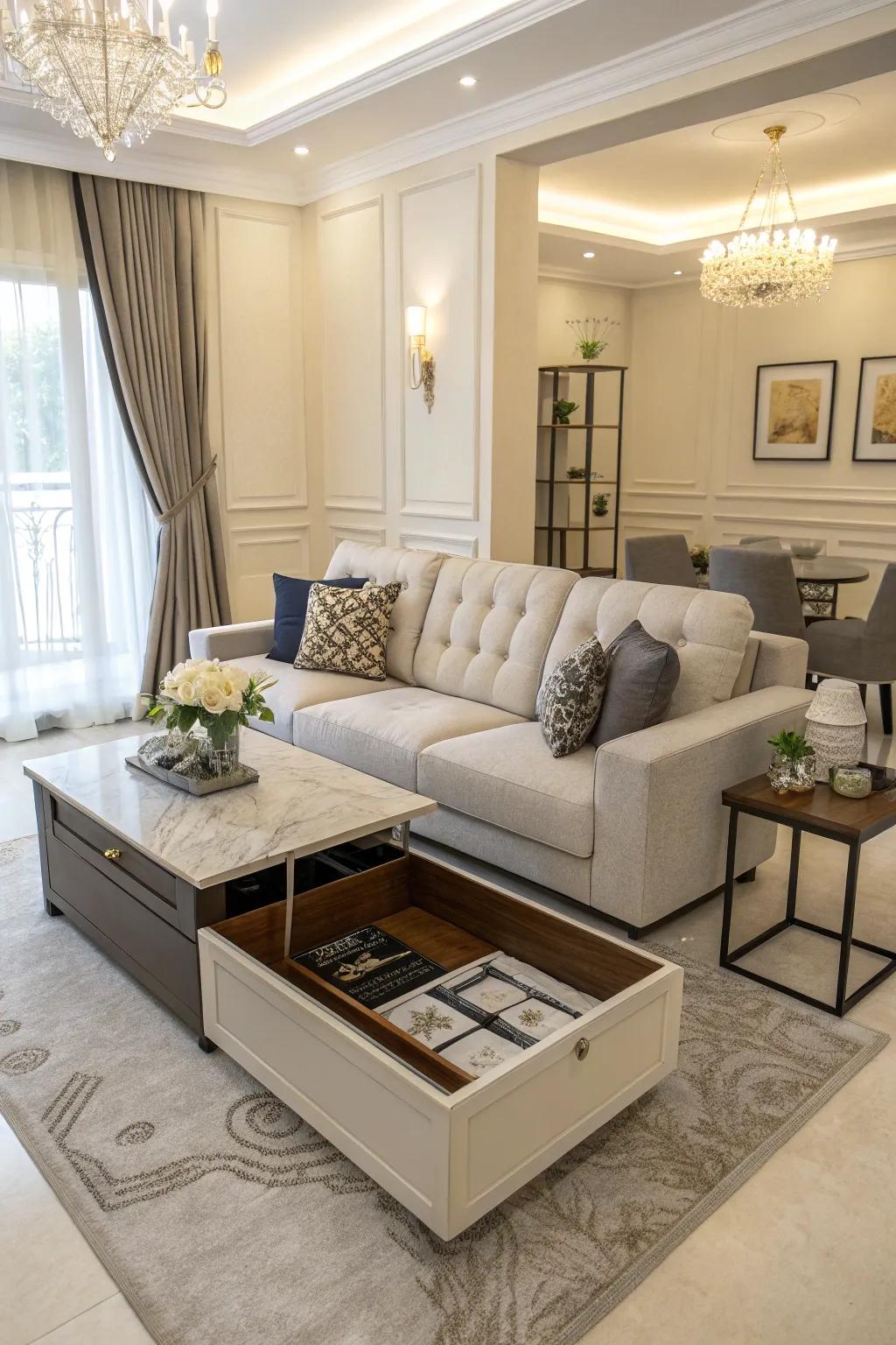 Living room furnished with multi-purpose furniture