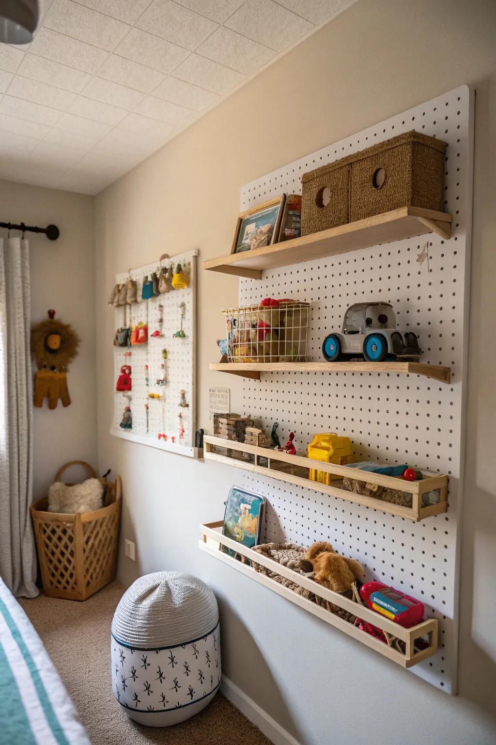 Utilize wall space with racks and pegboards for toy storage.