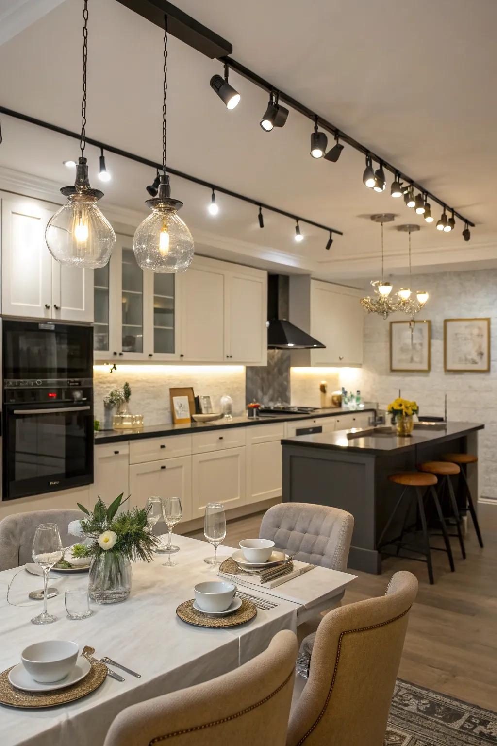 Stylish blend of track and hanging lights in a kitchen
