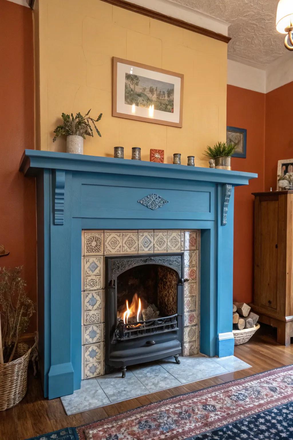 A cool blue mantelpiece adds a striking contrast.