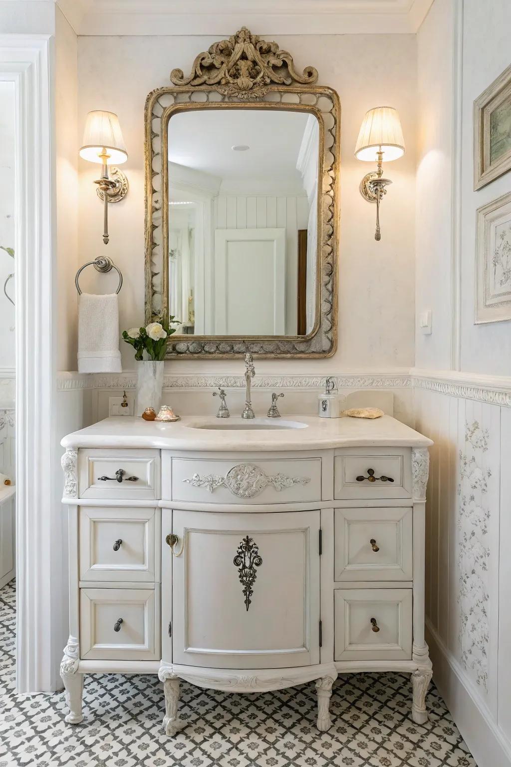 A white bathroom featuring charming time-worn fixtures and an antique counter.