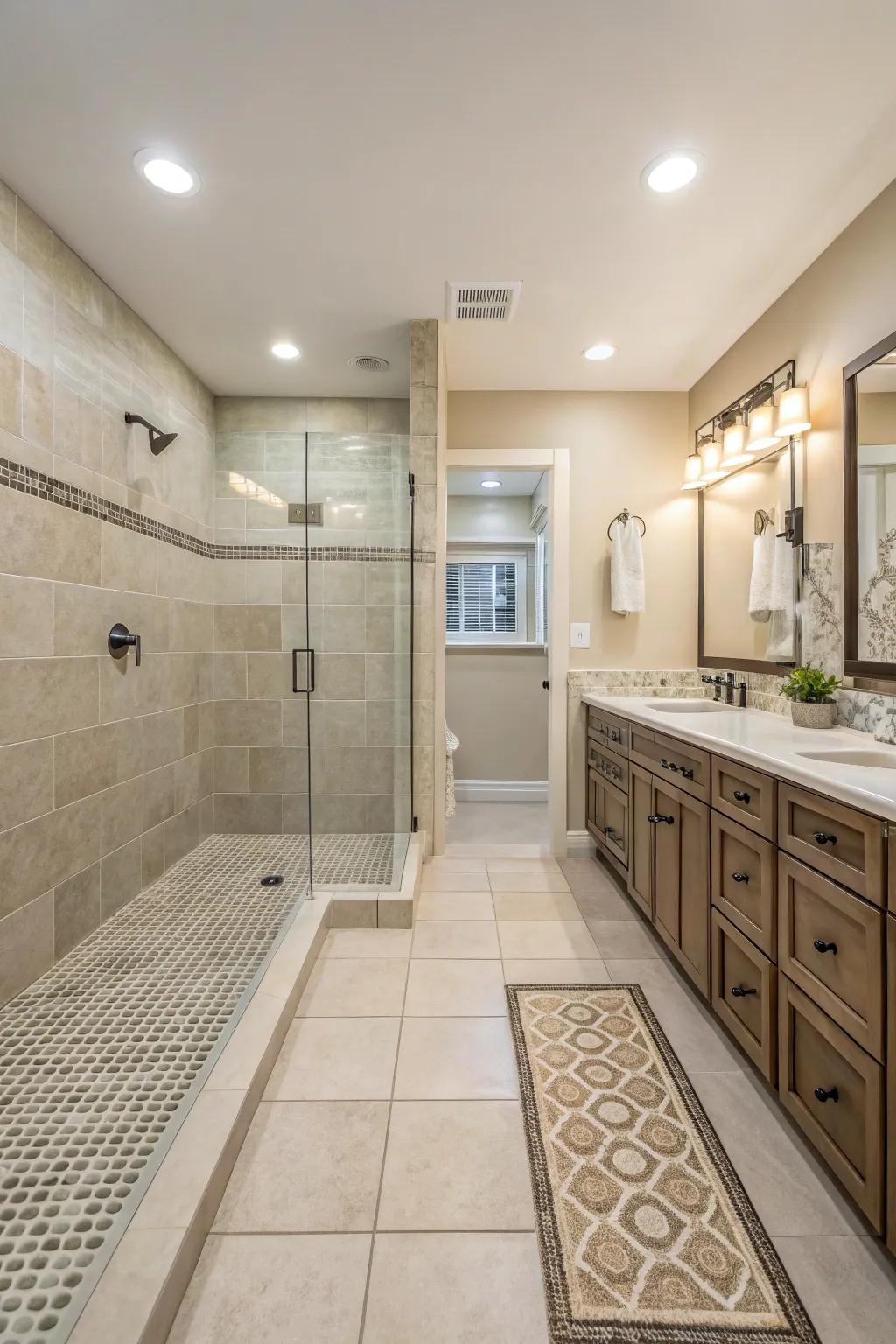 Maintain elegance with bathroom tile transitions.