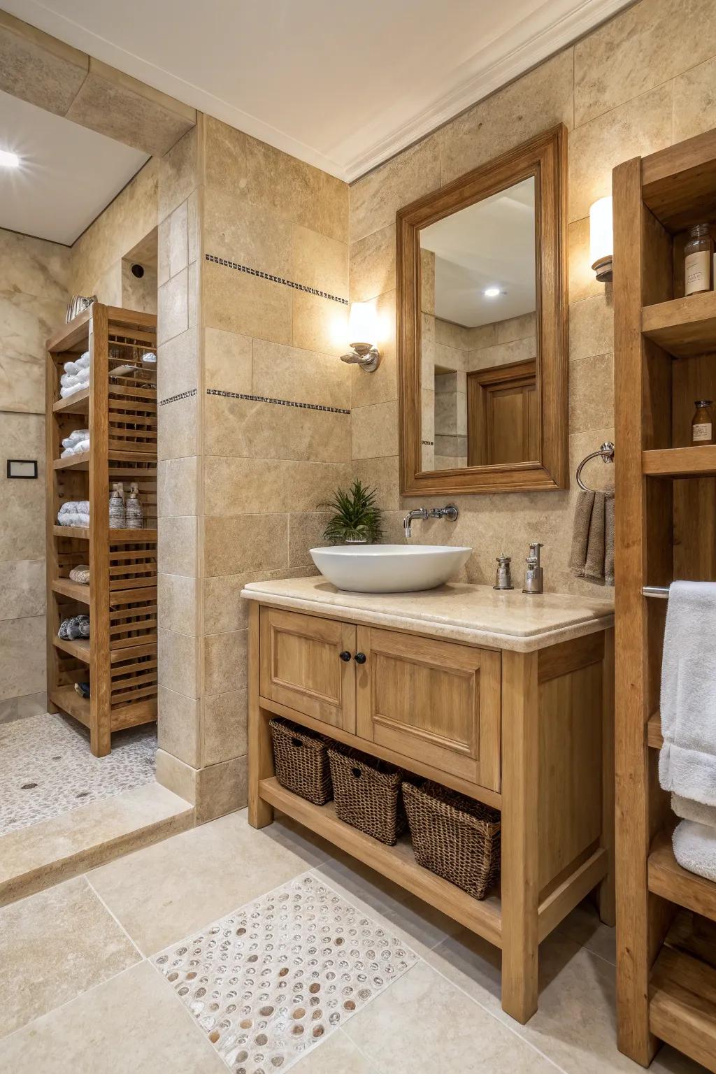A travertine bathroom enhanced by timber vanity and shelving, creating a cozy and inviting atmosphere.