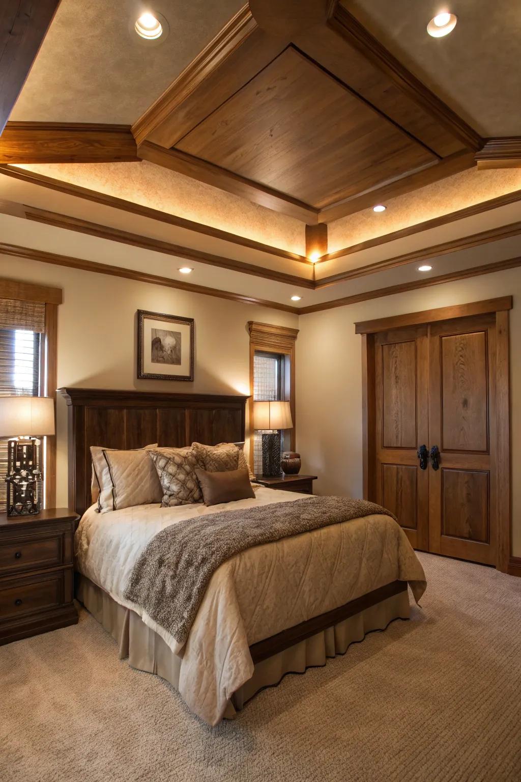 A cozy bedroom with a tray ceiling featuring wood accents.