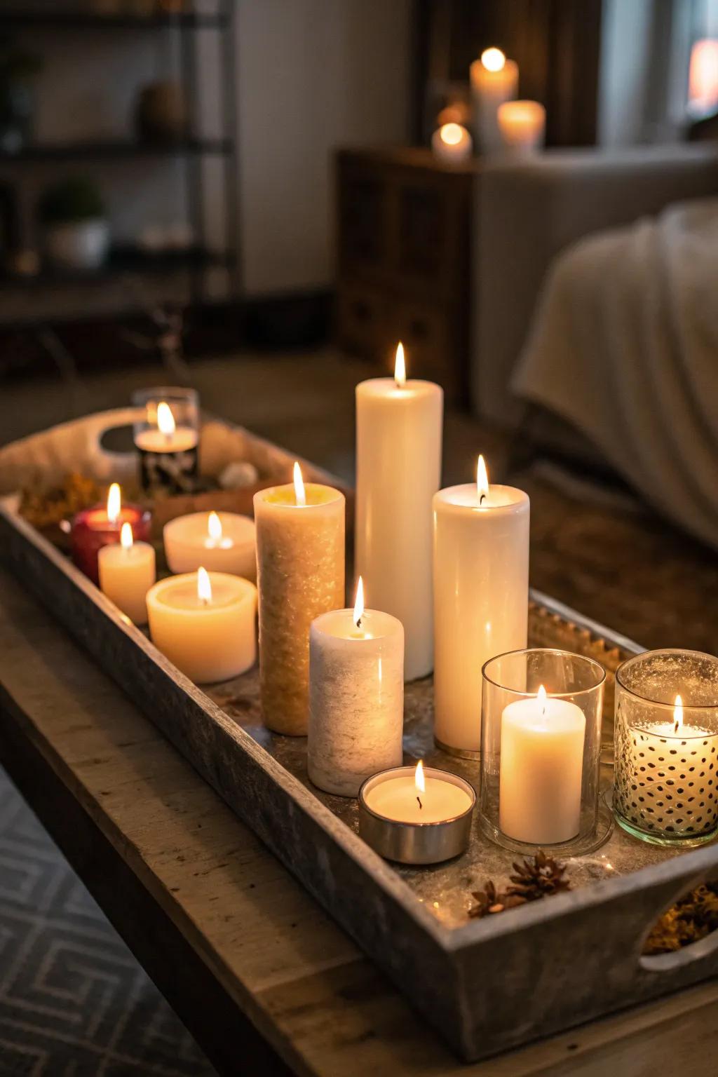 A cozy ambiance crafted by a tray filled with assorted candles.