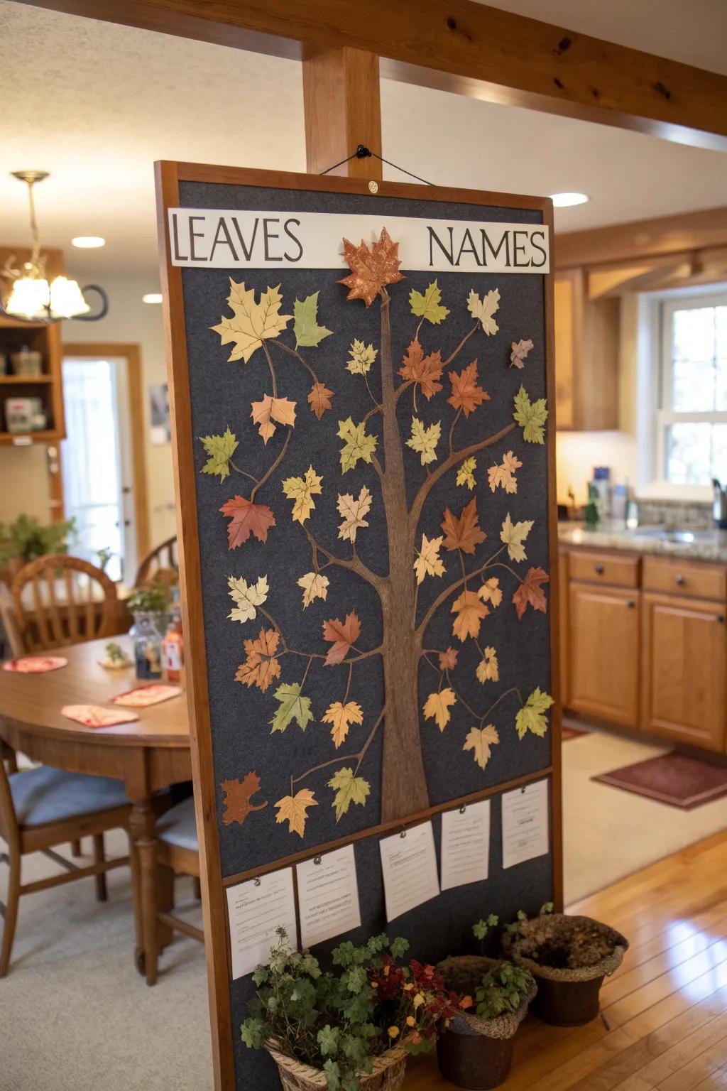 A community branch bulletin board decorated with individualized leaves.