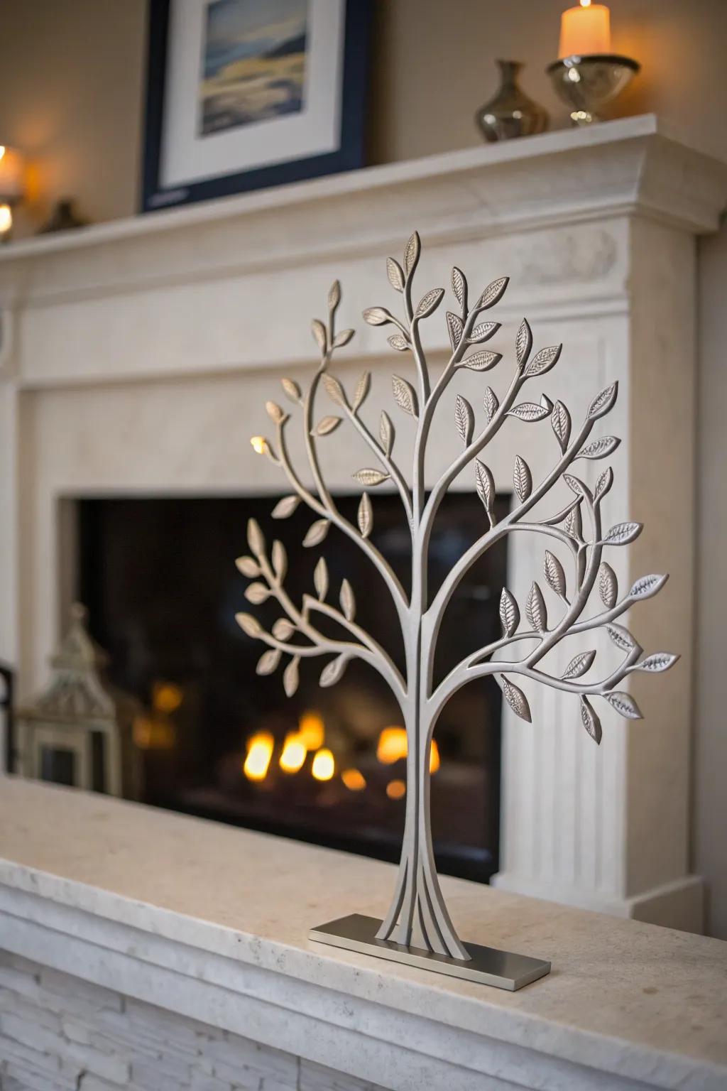 Minimalist metal Arbor Vitae branch decoration above a fireplace.