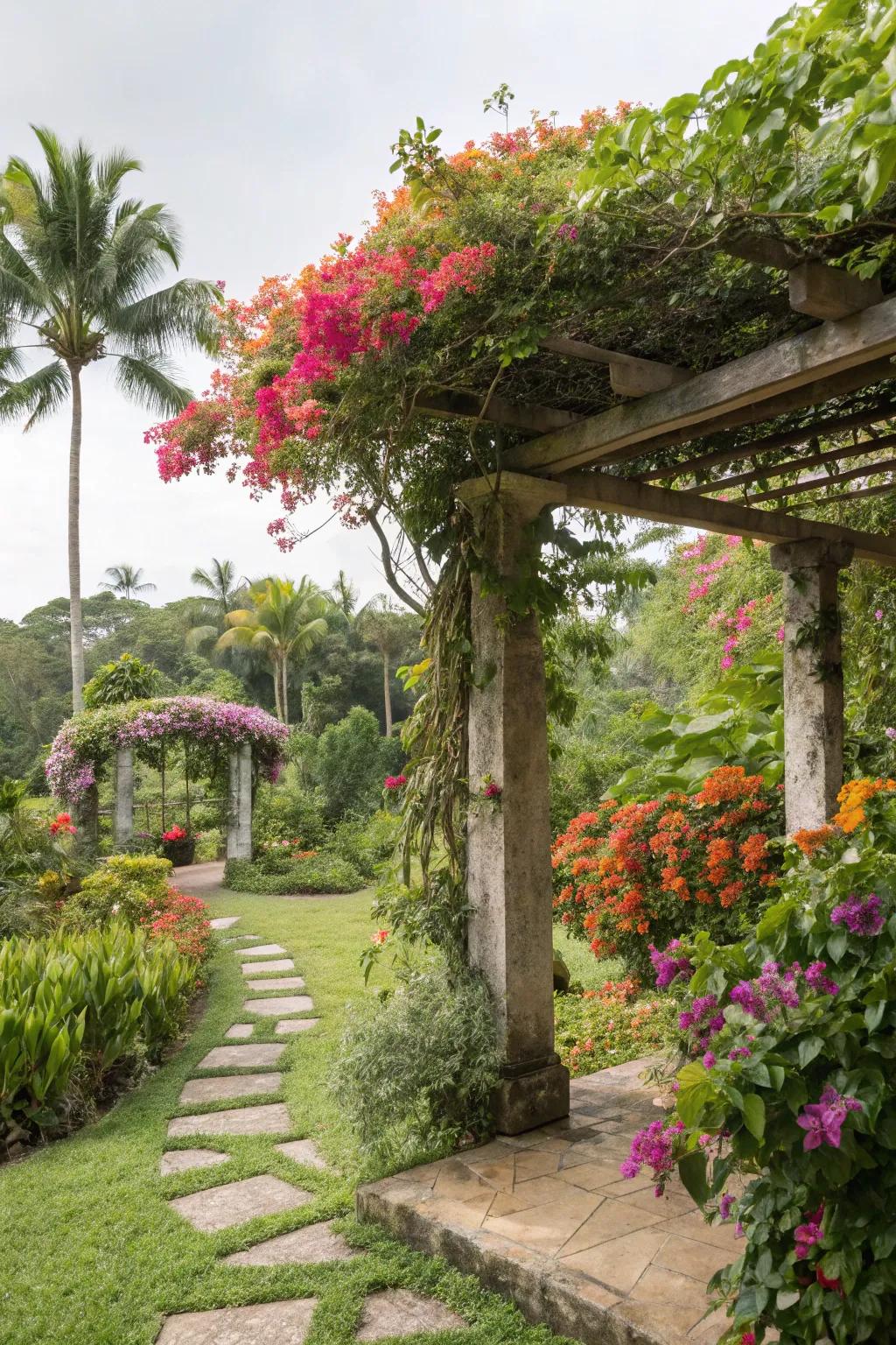 A pergola adorned with climbing plants, fashioning a shaded, serene respite.