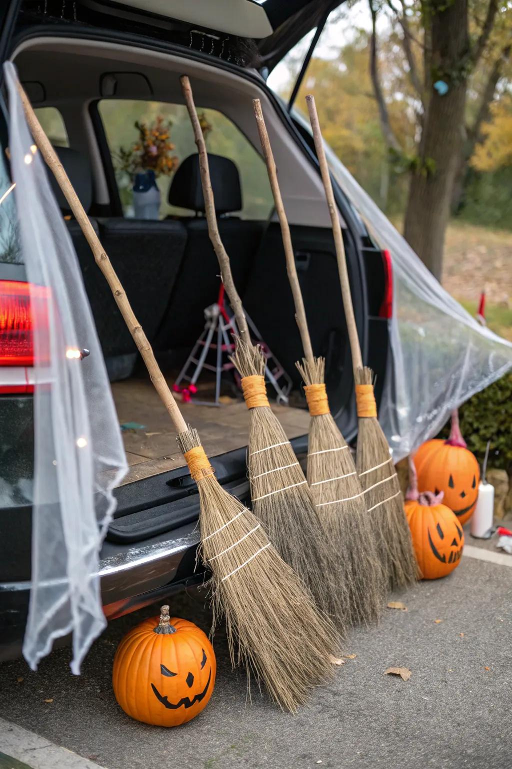 Broomstick parking adds a whimsical touch to your witchy setup.