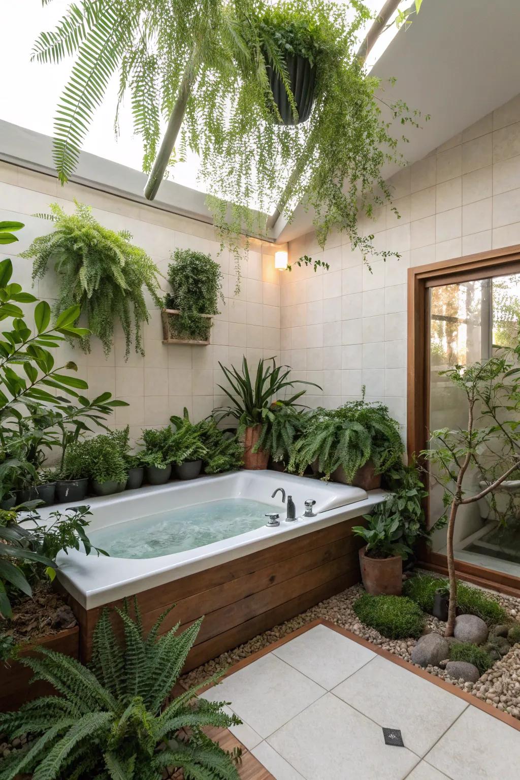 A tub deck converted into a verdant oasis showcasing lavish houseplants.