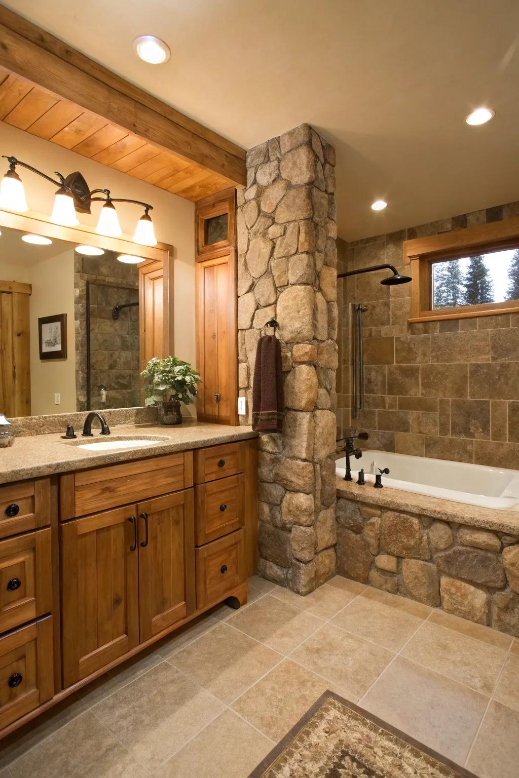 Wooden accents and natural stone elements create a warm, inviting bathroom.