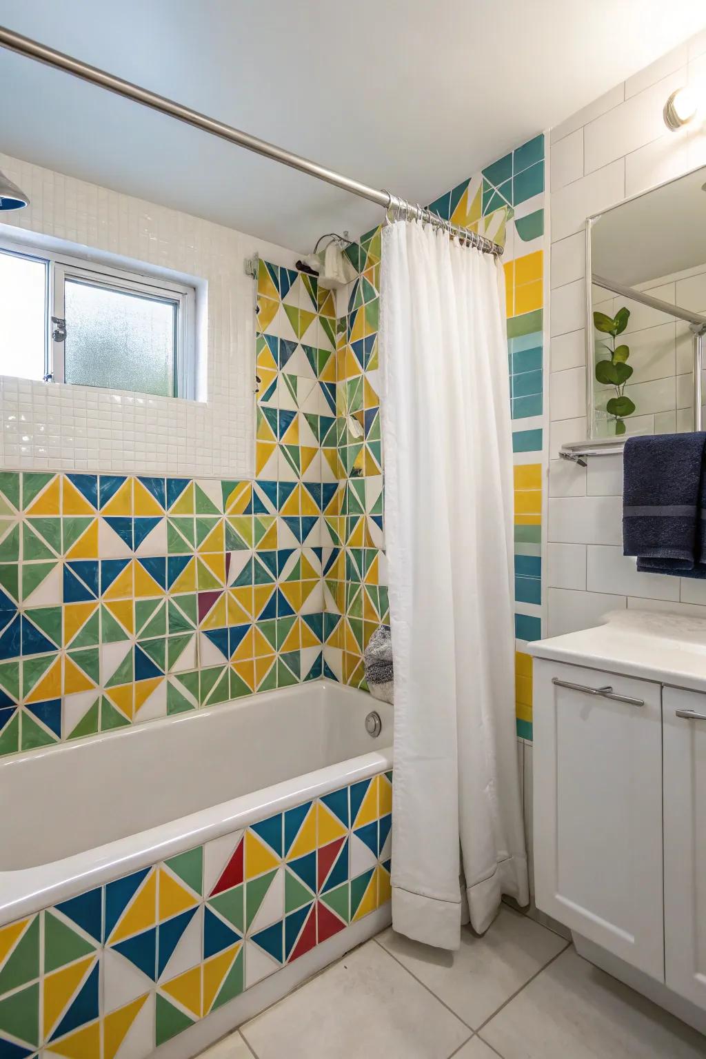 Creative tiles turn the tub shower combo into a focal point.