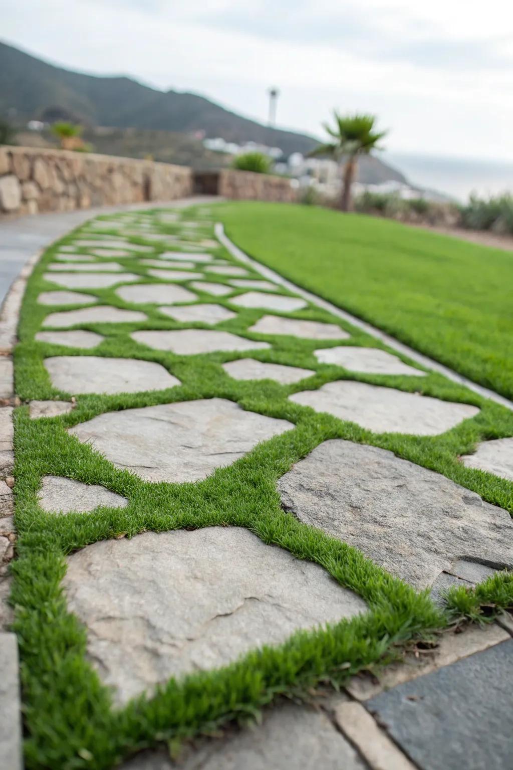 A charming walkway with <strong>faux grass</strong> between bricks.” loading=”lazy” class=”pimg”>
	</picture><figcaption>A charming walkway with <strong>faux grass</strong> between bricks.</figcaption></figure>
<p>Positioning <strong>faux grass</strong> between pathway bricks can inject an endearing, natural nuance to your patio walkways. It maintains the green presence with minimal upkeep!</p>
<h3>Maybe worth checking out:</h3>
<ul class=