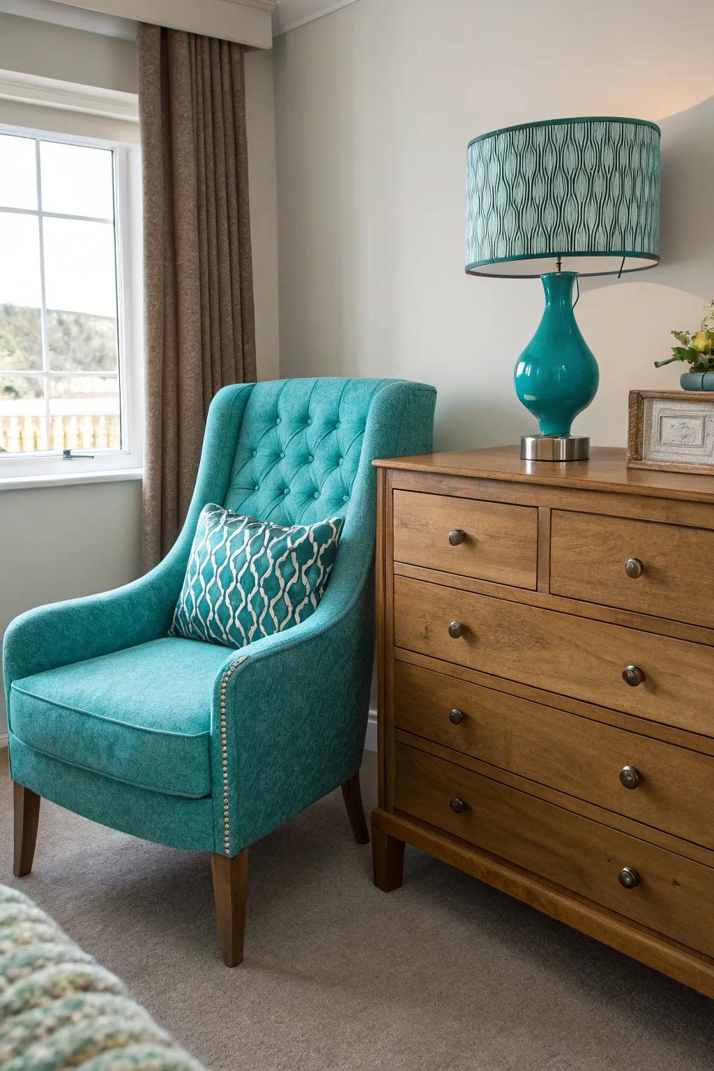 A turquoise chair adds a strong highlight to this stylish room.