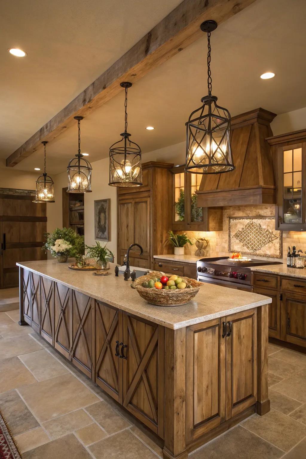 Overhead lamps bring elegance to cooking areas.