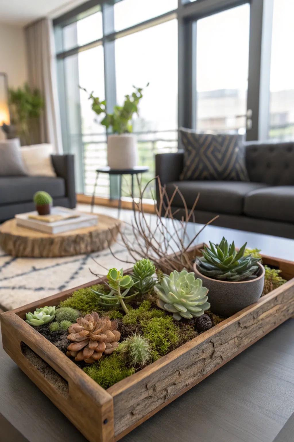 A nature-inspired arrangement of branches and succulents.