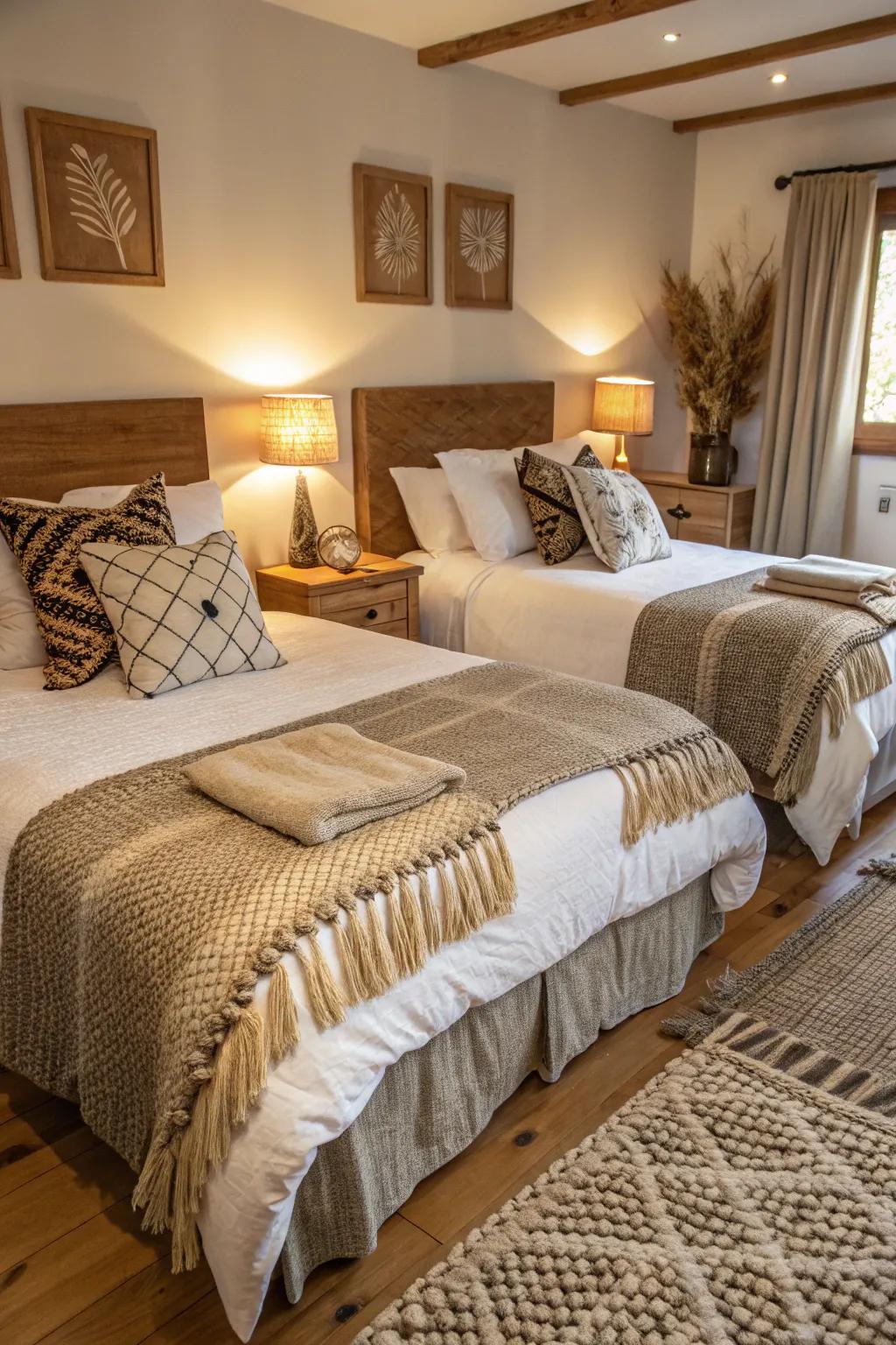 Mixing textures gives a sense of comfort and visual depth to twin bed arrangements.