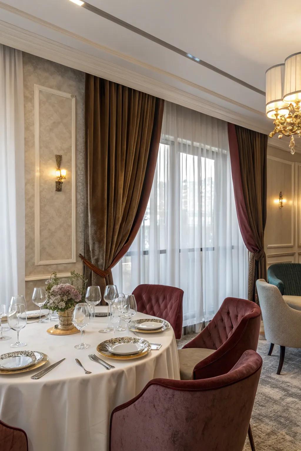 A luxurious touch with velvet and sheer duo-tone drapes in a dining area.