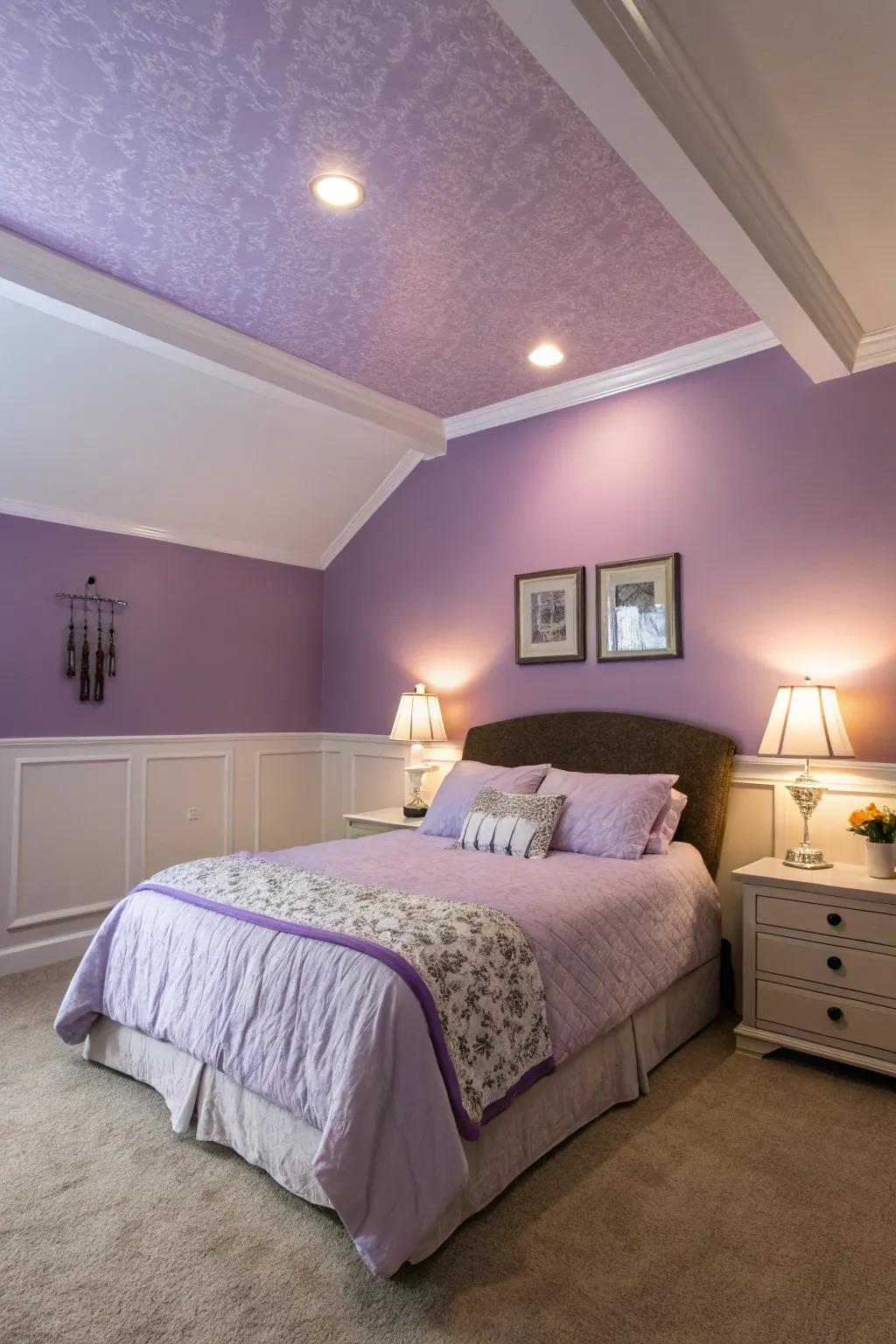A relaxing bedroom featuring lilac walls and ceiling for ultimate tranquility.