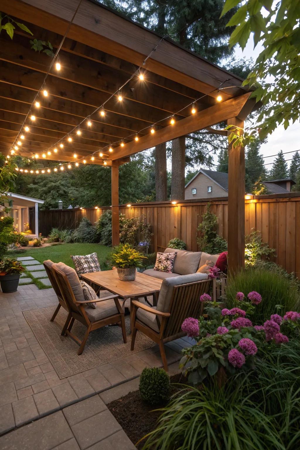 Gentle lighting beneath the eaves evokes a serene mood in the open air.