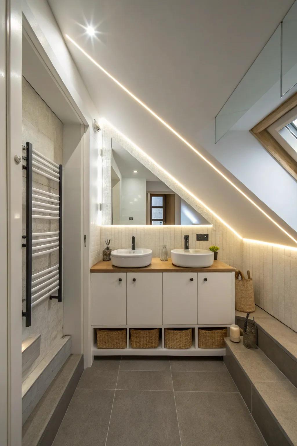 An under-stair bathroom lit with flexible light strips for a contemporary impression.