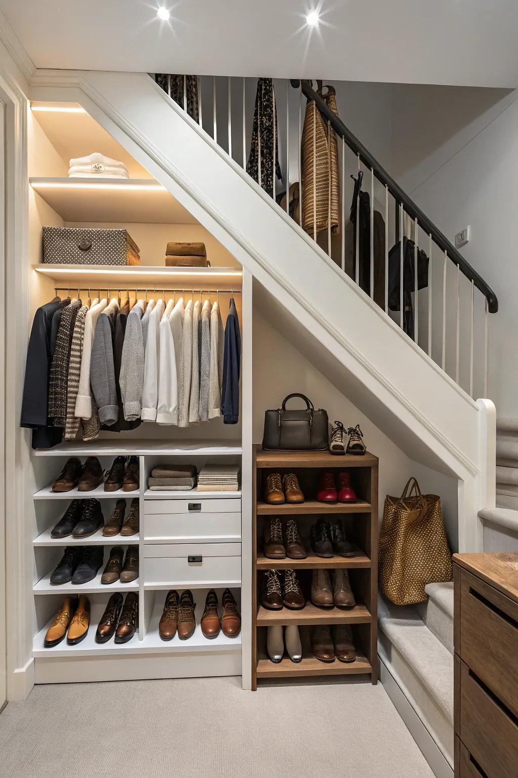 A stylish and practical closet under the stairs.