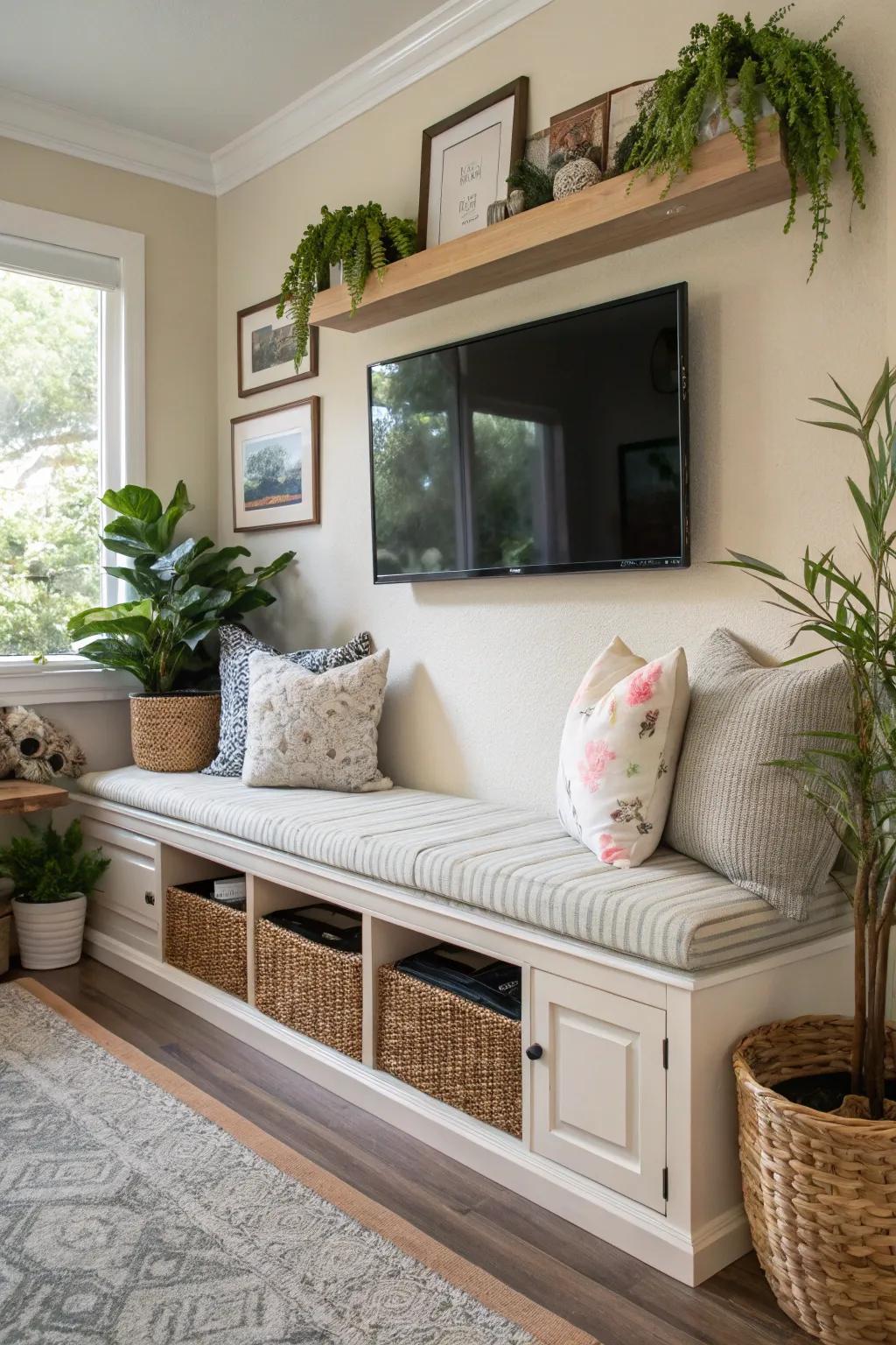 A chic bench seat can offer seating and storage choices beneath your TV.