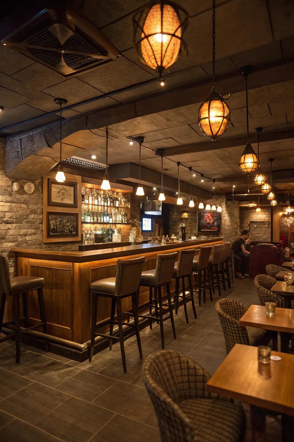 Ambient lighting enhances the atmosphere of a basement bar.