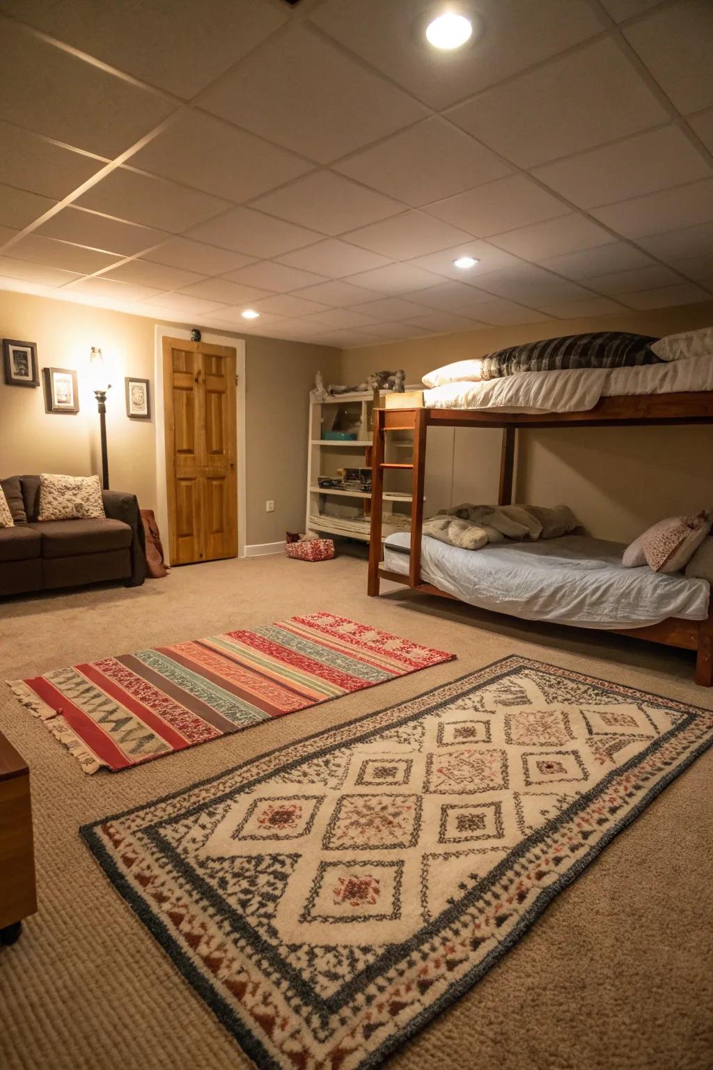 Area rugs add warmth and help define spaces in your basement bedroom.