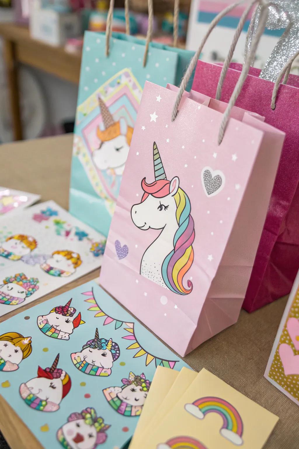 DIY unicorn treat bags with a vivid selection of stickers.