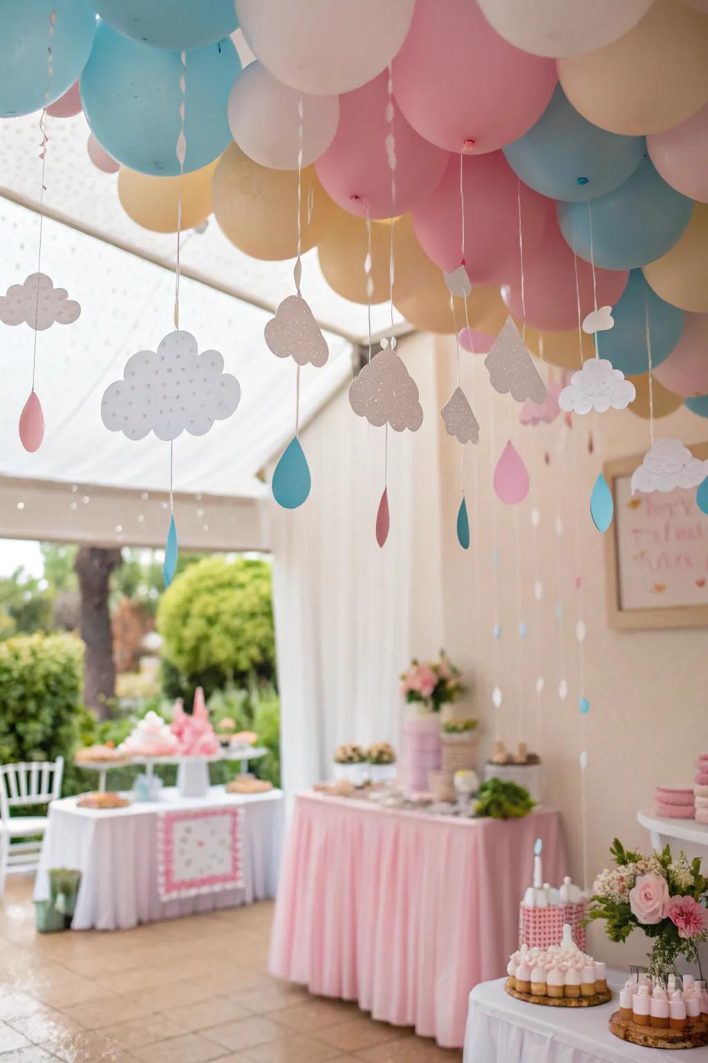 Enchanting paper clouds and raindrops hanging from above.