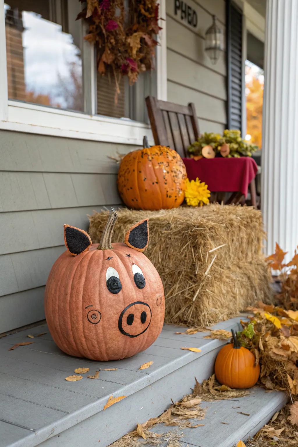 A pumpkin cleverly designed to resemble a pig, complete with ears and snout.