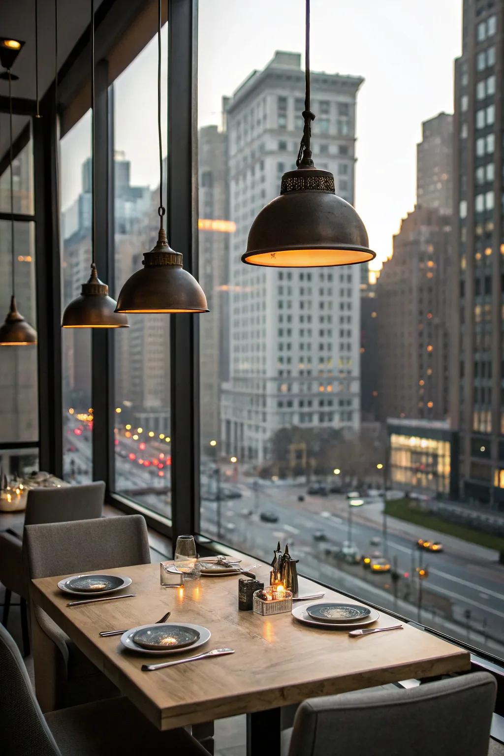 Industrial lighting fixtures provide character and warmth.