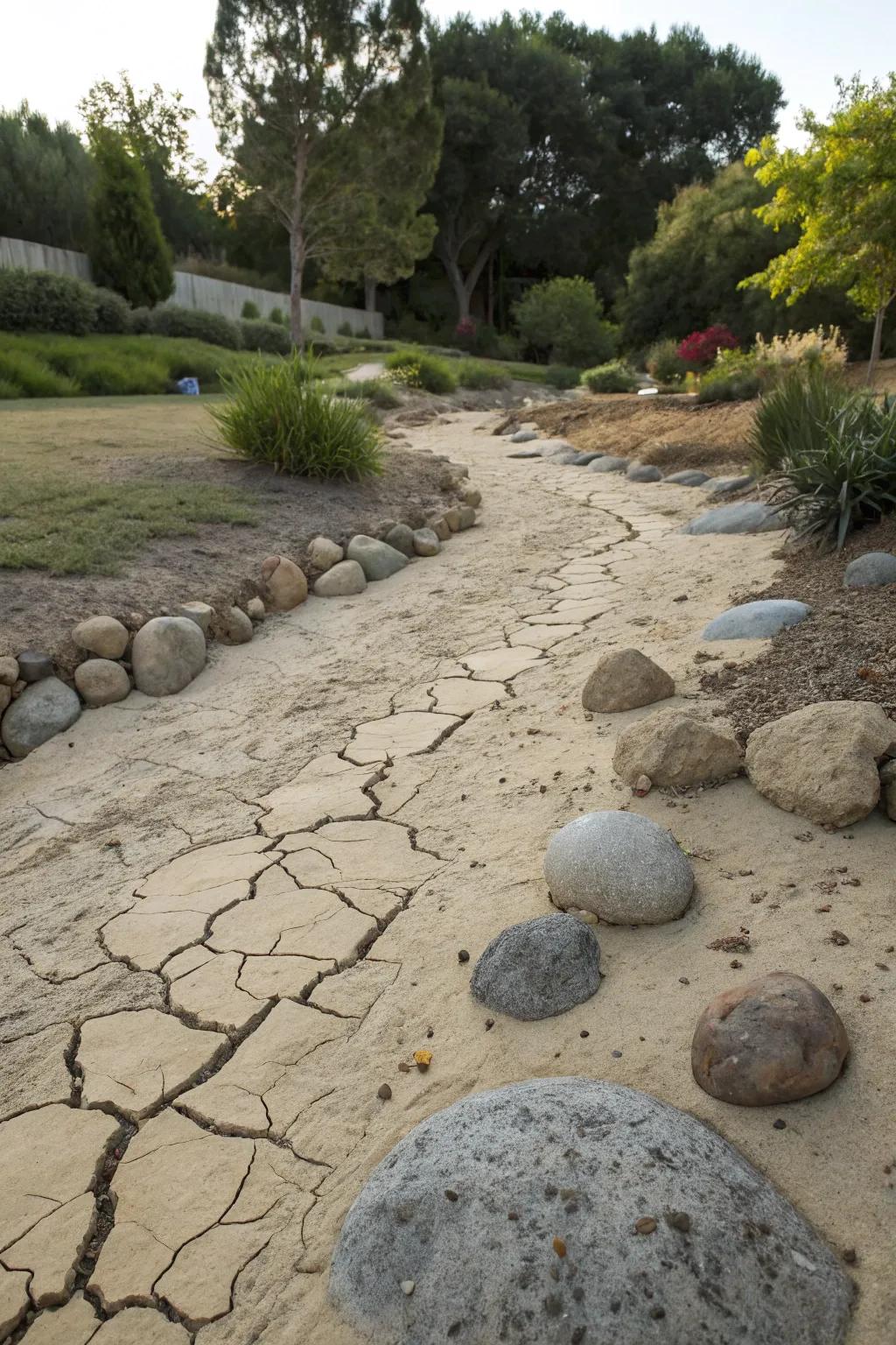 A dry stream bed introduces an organic flow into your garden.