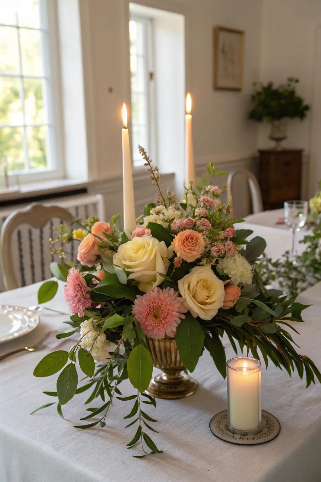 A romantic dinner setting illuminated by candlelight and adorned with flowers.