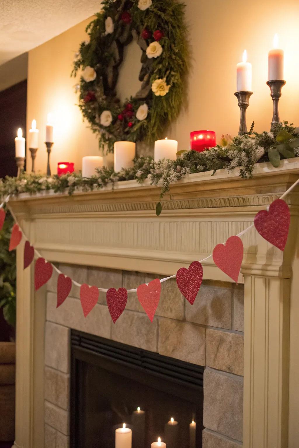 Charming mantel with heart garland and candles