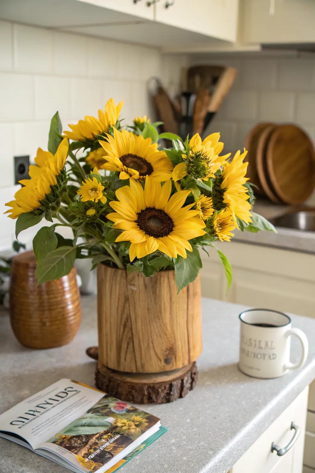 Vibrant sunflower bouquet bringing joy to a kitchen.