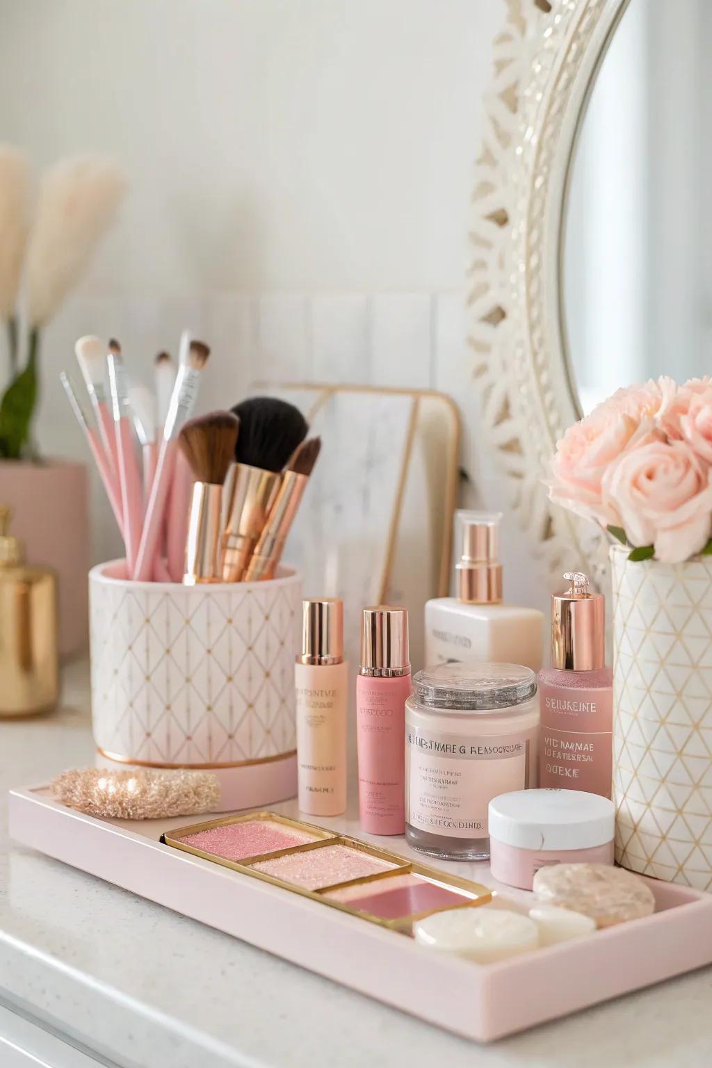 Pastel colors create a peaceful vanity area.